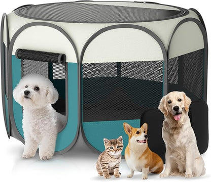 Portable Pet Playpen for Cat Dog - Foldable Large Pet Play Pen with Removable Zipper Top for Cat Small Dog Enclosed - Pop Up Puppy Kitten Kennel with Carrying Case for Indoor Outdoor Travel Camping