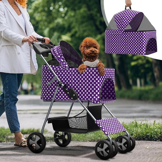 3-in-1 Visible Foldable Pet Detachable Carrier, Car Seat and Stroller with Push Button Entry for Small Pets, Cat Dog Stroller for Medium Dogs Cats Load Up to 33 lbs, Purple Polka Dots