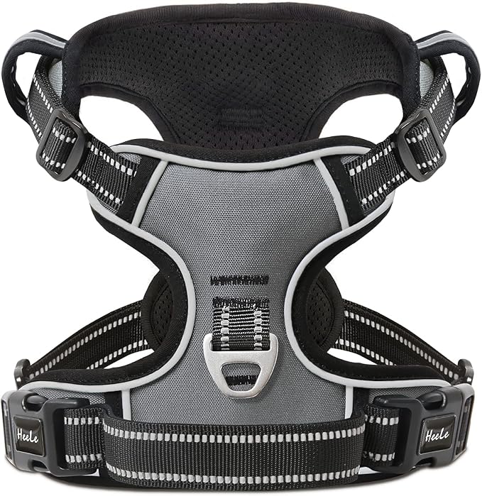HEELE Dog Harness, No Pull Adjustable Padded Reflective Harness for Small Medium Large Dogs with Handle for Walking Training, Grey, L