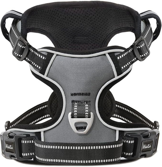 HEELE Dog Harness, No Pull Adjustable Padded Reflective Harness for Small Medium Large Dogs with Handle for Walking Training, Grey, L