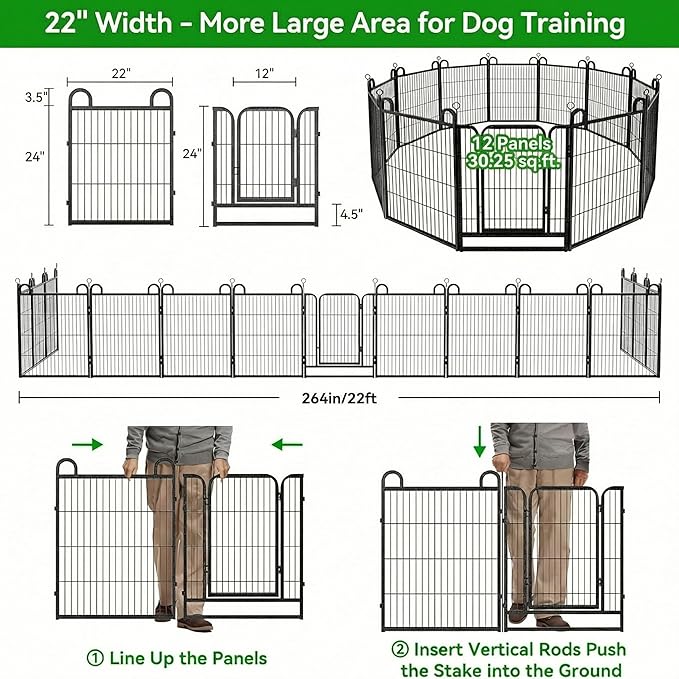 Puppy Playpen 12 Piece Panels Small Dog Fence Outdoor Indoor Use 24" Height Anti-Rust with Doors Portable Dog Play Pen for RV Camping Yard, Total 22FT, 30.25 Sq.ft, Snowy Black