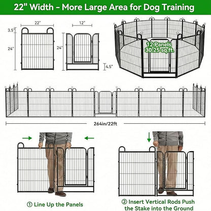 Puppy Playpen 12 Piece Panels Small Dog Fence Outdoor Indoor Use 24" Height Anti-Rust with Doors Portable Dog Play Pen for RV Camping Yard, Total 22FT, 30.25 Sq.ft, Snowy Black