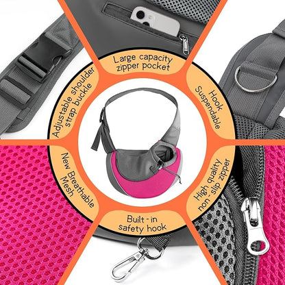 YUDODO Pet Sling Carrier for 5-9 lbs Small Dogs & Cats – Hands-Free Puppy Carrier with Safety Hook, Large Zipper Pocket, Soft Breathable Mesh, Adjustable Strap & Reflective Strip (Pink 1.0 M)