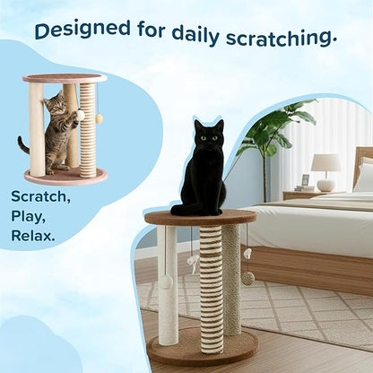 Cat Scratching Post - 3 Scratcher Posts with Carpeted Base Play Area and Perch - Furniture Scratching Deterrent for Indoor Cats by PETMAKER (Brown), Large