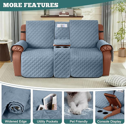 Ruaozz Waterproof Loveseat Recliner Cover with Console Non-Slip Reclining Couch Covers Split Sofa Slipcovers with Elastic Straps Furniture Protector for Kids, Dogs, Pets (Pastel Blue, 2 Seater)
