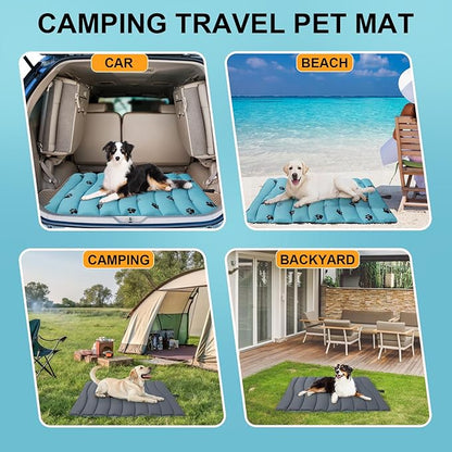 BEAUTYZOO Outdoor Dog Bed Waterproof, Camping Dog Bed Reversible, Portable Travel Bed with Carry Bag- Machine Washable, Durable, Foldable Outdoor Pet Bed Mat for Medium Large Dogs, 26” x 43“ Blue