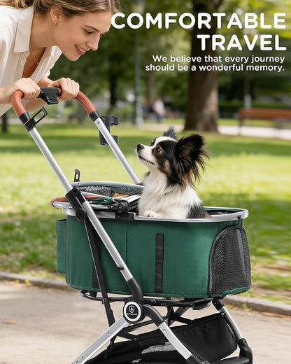 GTPLAYER Pet Stroller with Matching Stroller Mat Set, for Small Dogs and Cats Up to 45 lb, Detachable Carrier, One-Hand Fold, Stroller: Green, Mat: Beige