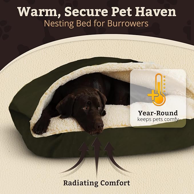 Snoozer Rectangle Cozy Cave Dog Bed - Indoor Dog Bed with Cover Cave, Covered Calming Burrow for Large Sized Pets with Blanket Attached, Enclosed, Washable Cover - XL, Olive