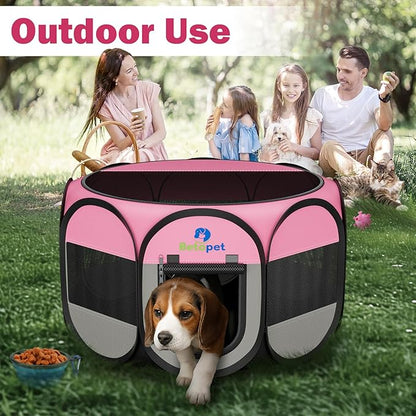 Playpen for Small Dogs Cats Crate: Puppy Play Pen Indoor Outdoor Foldable Potable Exercise Cage Pop up Kennel for Guinea Pig Rabbits Hamster Travel with Carrying Case & Food Bowl (Pink, M, 1)