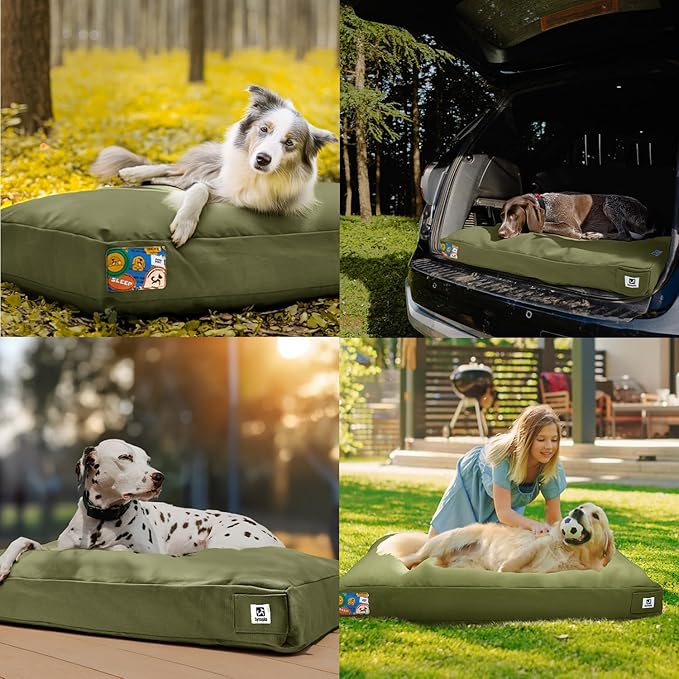 Sytopia 36 Inch Waterproof Indestructible Canvas Outdoor Dog Bed for Large and Medium Dogs, Chew Proof Dog Crate Bed with Washable Removable Cover, Indoor Outdoor Patio Pet Pad, Green
