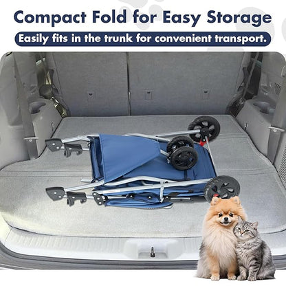 DUMOS 3 Wheels Pet Stroller for Small Dogs and Cats – Foldable Dog Stroller with Mesh Windows, Storage Basket & Cup Holder, Lightweight & Durable Pet Carrier for Travel, Outdoor Use – Blue