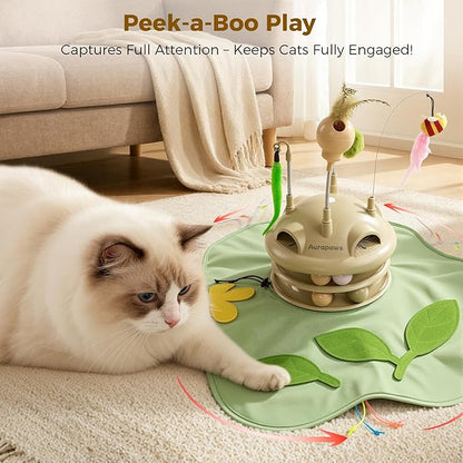 Interactive Cat Toy for Indoor Cats, 6-in-1 Hide and Seek Automatic Cat Toys With Moving Feather, Spring Teaser and Treat Dispensing, Dual Track Balls with Chirping for All Breeds, Rechargeable