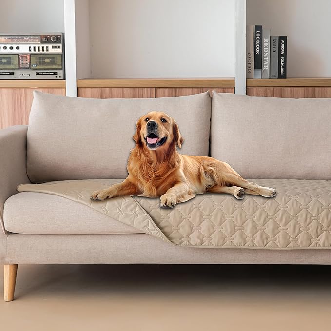 gogobunny 3X Stronger Waterproof Pet Blanket, Scratch Proof Furniture Protector for Dogs Cats, Reversible Cover 30x70 Inch, Dark Beige
