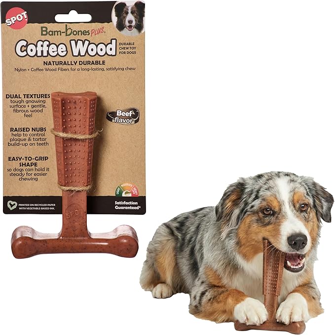 SPOT Bam-Bones Plus Coffee Wood T-Bone Dog Chew Toy, Beef Flavor, Nylon and Coffee Wood Fiber Blend, Durable Chew for Heavy Chewers and Dogs Under 60 lbs, Non-Splintering Dental Chew, 6 Inch