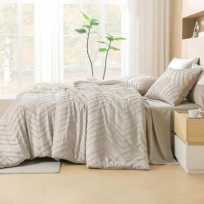 Litanika Oversized Queen Size Comforter Set with Sheets Oatmeal - 7 Pieces Bed in a Bag Oversized King Boho Tufted Complete Bedding Sets with Comforter, Sheets, Pillowcases & Shams