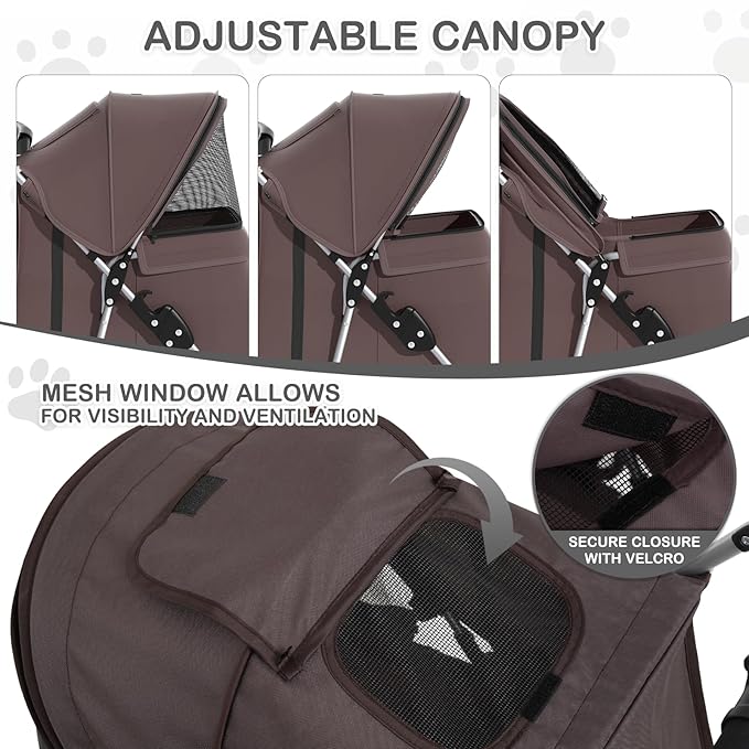 MoNiBloom Foldable Dog Strollers for Small Dogs with Weather Cover, 3 Wheels Pet Strolling Cart for Dogs and Cats with Storage Basket and Cup Holder, Breathable and Visible Mesh for All-Season, Coffee