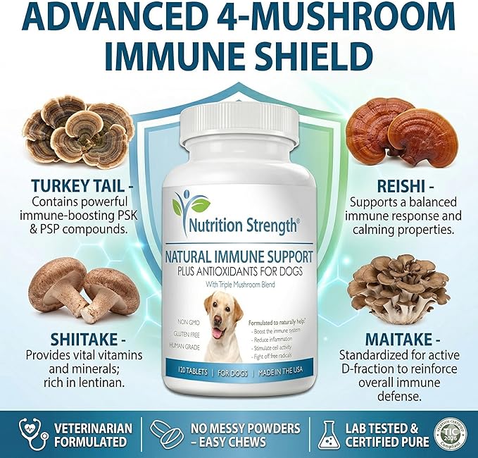 Immune Support for Dogs - Turkey Tail, Reishi, Shiitake & Maitake Mushroom Complex - Senior Dog Health, Antioxidants, CoQ10, Selenium, Vitamin A - 120 Chewable Tablets