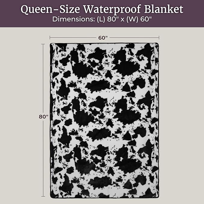 Waterproof Blanket for Bed, Couch, or Car - 60” x 80” Reversible Queen Size Throw Blanket for Reliable Leakproof Furniture Protection - Washable Pet Throws by Lavish Home (Cow Print)