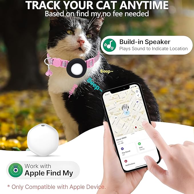 GPS Tracker for Cats, Mini GPS Pet Tracker with Collar, IPX8 Waterproof Cat Trackers Collar,No Monthly Fee,Work with Apple Find My(iOS Only),Smart Trackers for Pets(Pink)