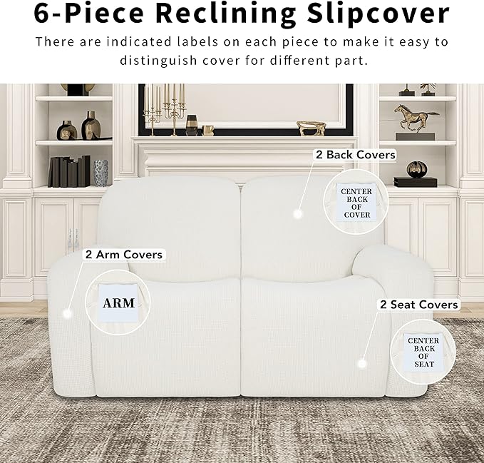 Easy-Going 100% Dual Waterproof Recliner Loveseat Cover, 6-Pieces Stretch Relining Sofa Cover with Pocket, Jacquard 2 Seat Sofa Slipcover Leakproof Washable (Loveseat, Cream)