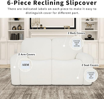 Easy-Going 100% Dual Waterproof Recliner Loveseat Cover, 6-Pieces Stretch Relining Sofa Cover with Pocket, Jacquard 2 Seat Sofa Slipcover Leakproof Washable (Loveseat, Cream)