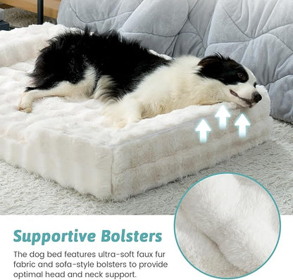 COZY KISS Orthopedic Dog Bed for Extra Large Dog, Soft and Warm Faux Fur Sofa for Giant Pet Up to 150 lbs, Foam Bolster Anti-Slip Couch with Washable Removable Cover, XXL 48x35x8 inch, Beige