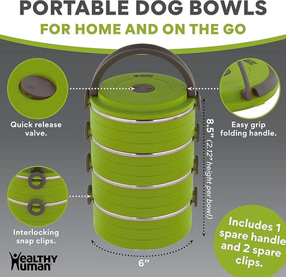 Healthy Human Travel Pet Bento Bowls - Human-Grade Stainless Steel & BPA-Free, Leak-Proof Water & Food Container Set for Dogs & Cats, 3-Pack Interlocking Bowls, Includes Spare Clips & Handle (Green)