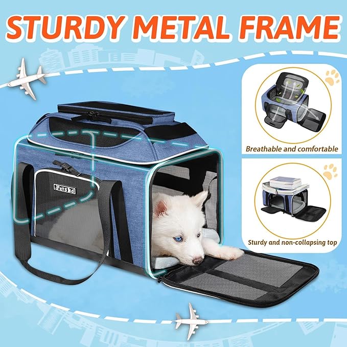 Petskd Top-Expandable Pet Carrier 17x12x8.5 Inches JetBlue Allegiant Spirit Airline Approved, Soft-Sided Carrier for Small Cats and Dogs with Locking Safety Zippers and Anti-Scratch Mesh(Blue)