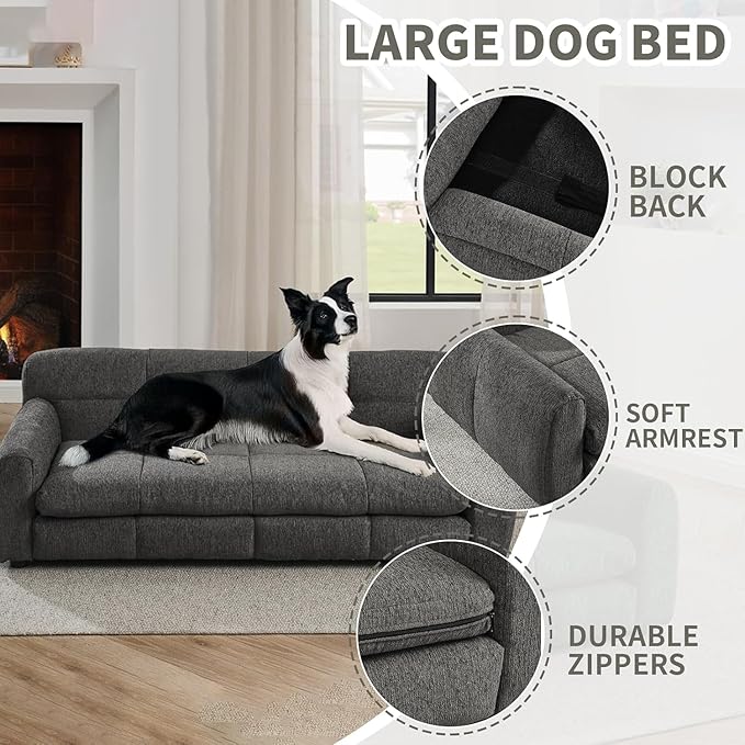 Dog Couch Bed with Backrest and Armrest, Durable Pet Sofa with Soft Foam Cushion, Elevated Dog Couch Bed with Legs for Medium and Large Dogs, Stone Grey