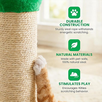 Cat Scratching Post for Small Space, 22'' Scratching Posts for Indoor Cats Adults, Extra Wide 13.4" Stable Base & Natural Sisal, Cute Cat Scratching Post with Short Plush Fabric for Large Cats, Green