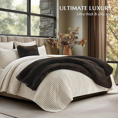 EVERGRACEHOME Luxury Soft Faux Chinchilla Fur Throw Blanket for Couch, Warm Thick Heavy Winter Throw Blanket 1220GSM for Bed, Fluffy Cozy Mink Blanket with Reversible Velvet, Espresso Mink, 50"x60"