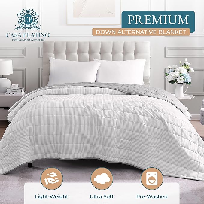 Casa Platino Full Size Blanket – Quilted & Reversible Microfiber Bedding, Lightweight Down Alternative Fill, Pre-Washed for Soft Comfort – Ticking Stripe Silver