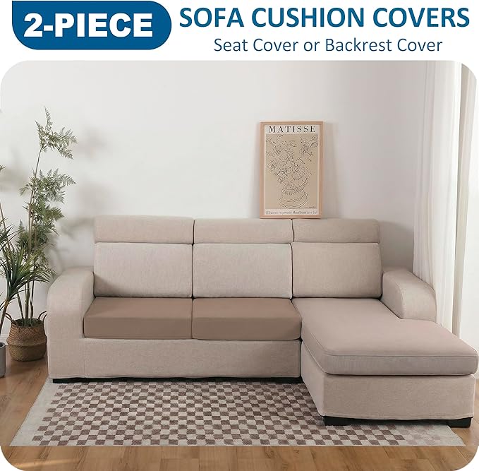 100% Waterproof Couch Cushion Covers, Replacement Sofa Cushion Covers, Stretch Individual Sofa Seat Cushion Slipcovers Furniture Protector for Kids Pets (2-Piece Loveseat Cushion Cover, Camel)
