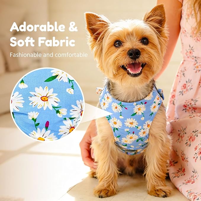 BAEJMJK Dog Harness and Leash Set with Bow Knot No Pull Pet Daisy Floral Harness with D-Ring Soft Mesh Dog Harness Vest Set Escape Proof Princess Puppy Harness for Small Girl Dogs Cats（Blue B L）