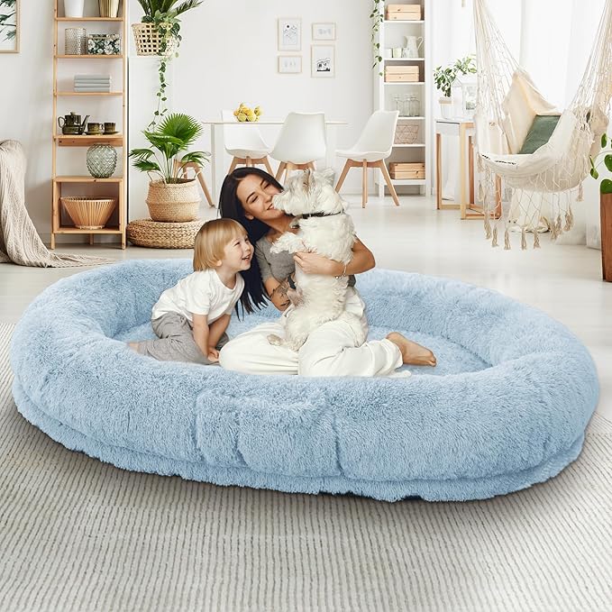 Human Dog Bed, 71''x45''x12'' Size Fits People and Pet 10 CM Thick Memory Foam Washable Adult Large Bed Giant Oversize Foldable Dog Bed with Plump Pillow, Blanket, Strap - Blue