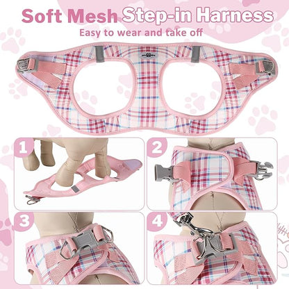 Gyuzh No Pull Dog Harness - 3-in-1 Step in Harness Collar Leash Set for Small Dog Walking & Training, Easy Walk Style, Lightweight Plaid Vest (Pink, M)