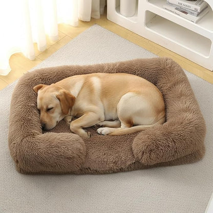 Orthopedic Dog Bed for Large Dogs - Washable Memory Foam Pet Sofa, Fluffy Plush Rectangular Bed, Waterproof Anti-Anxiety Couch, Khaki, L