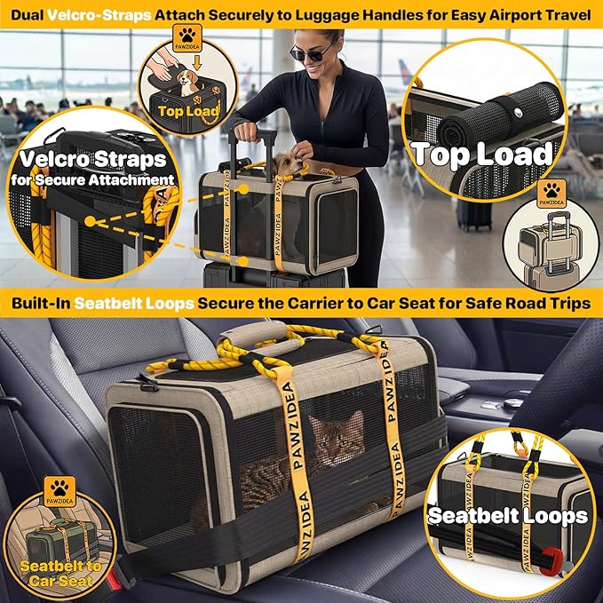 PAWZIDEA Expandable Pet Carrier TSA Airline Approved, 18″×11″×11″ Soft-Sided Top-Load Carriers for Small Dog & 2 Cats Under Seat, Collapsible Puppy & Animal Travel Bag Up to 18lbs, ID Card, Chew-Proof