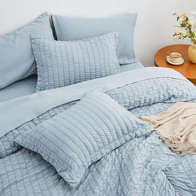 Love's cabin Seersucker Light Blue Full Comforter Set, 7-Piece All Season Lightweight Bed in a Bag Bedding Set with Comforter, Flat Sheet, Fitted Sheet, Pillowcases and Shams | Soft, Breathable, Lightweight