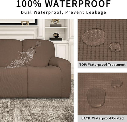 Easy-Going 100% Dual Waterproof Recliner Loveseat Cover, 6-Pieces Stretch Relining Sofa Cover with Pocket, Jacquard 2 Seat Sofa Slipcover Leakproof Washable (Loveseat, Brown)