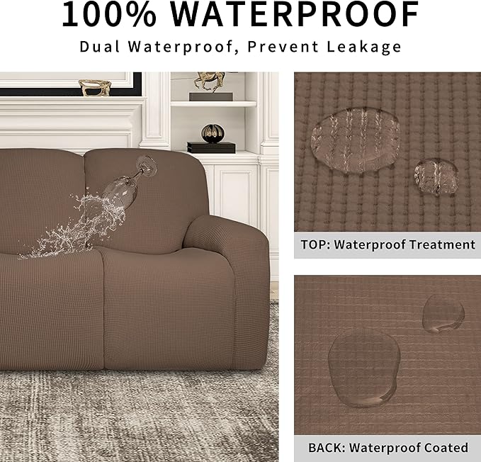 Easy-Going 100% Dual Waterproof Recliner Sofa Cover, 8-Pieces Stretch Relining Couch Cover with Pocket, Jacquard 3 Seat Sofa Slipcover Leakproof Washable (Sofa, Brown)