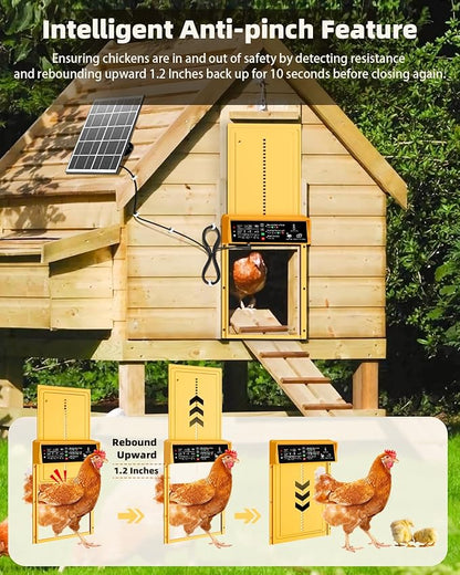 Automatic Chicken Coop Door Solar Powered, Pet Deluxe Chicken Door with Programmable Timer & Light Sensor, Anti-Pinch Safety, 7W Solar Panel, Aluminum Alloy with 10 Wire Clips Solar Chicken Door-Gold