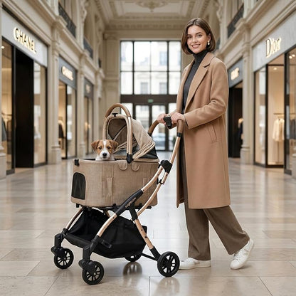 Auto-Folding Pet Stroller with Detachable Carrier, One-Hand Fold Frame & Carrier, Supports up to 33 lbs, Beige