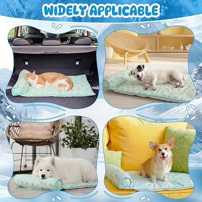 DoubleFill 4 Pack Cooling Dog Mats with Supportive Pillow 15.7" x 23.6" Self Cooling Dog Pads Ice Silk Washable Pet Cool Mat Summer Cat Sleeping Pad with Storage Bag for Crate Bed Floor (Small, Green)