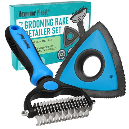 Maxpower Planet Pet Grooming Rake and Mini Pet Hair Remover Tool, Undercoat Rake for Dogs & Hair Remover for Car Carpet, Cat Fur Removal and Double-Sided Deshedding Dematting Tool for Dogs and Cats