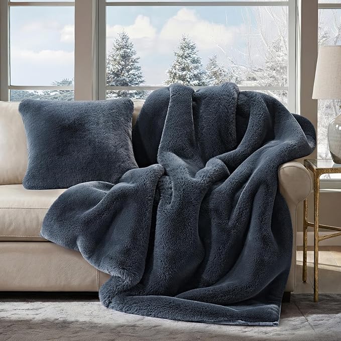 EVERGRACEHOME Luxury Soft Faux Chinchilla Fur Throw Blanket for Couch, Warm Thick Heavy Winter Throw Blanket 1220GSM for Bed, Fluffy Cozy Mink Blanket with Reversible Velvet, Stormy Blue Mink, 60"x80"