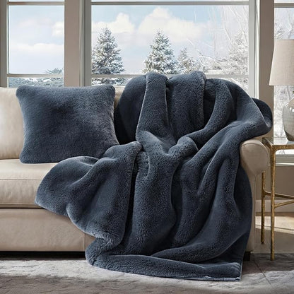 EVERGRACEHOME Luxury Soft Faux Chinchilla Fur Throw Blanket for Couch, Warm Thick Heavy Winter Throw Blanket 1220GSM for Bed, Fluffy Cozy Mink Blanket with Reversible Velvet, Stormy Blue Mink, 60"x80"