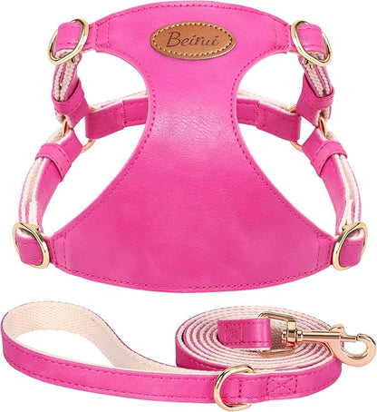 Beirui ‌Stylish PU Leather Dog Harness‌ and Leash Set for Small Dogs, ‌Adjustable Step in Dog Vest Harness with Breathable Mesh Lining and Durable Metal Buckle for Walking Traveling(Hot Pink,M)