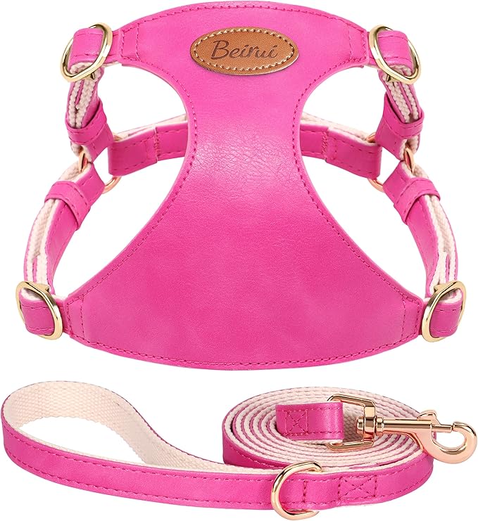 Beirui ‌Stylish PU Leather Dog Harness‌ and Leash Set for Small Dogs, ‌Adjustable Step in Dog Vest Harness with Breathable Mesh Lining and Durable Metal Buckle for Walking Traveling(Hot Pink,S)