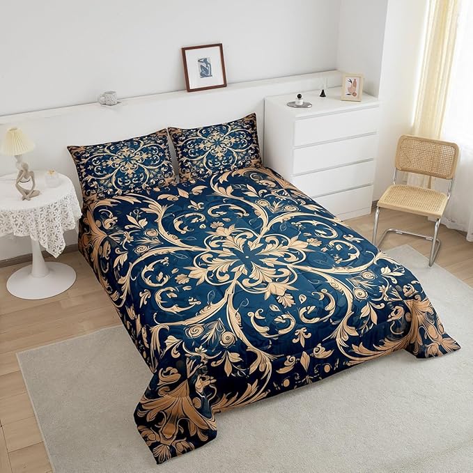 Erosebridal Paisley Comforter Set King Flower Bedding Set, Navy Blue Beige Bedding Comforter Sets Golden Floral Duvet, Bohemian Hippie Quilted Comforter Teen Adults Bedroom Décor, Lightweight 3pcs